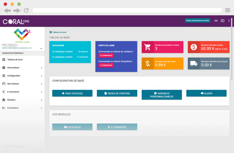 Coral CMS, accueil backoffice